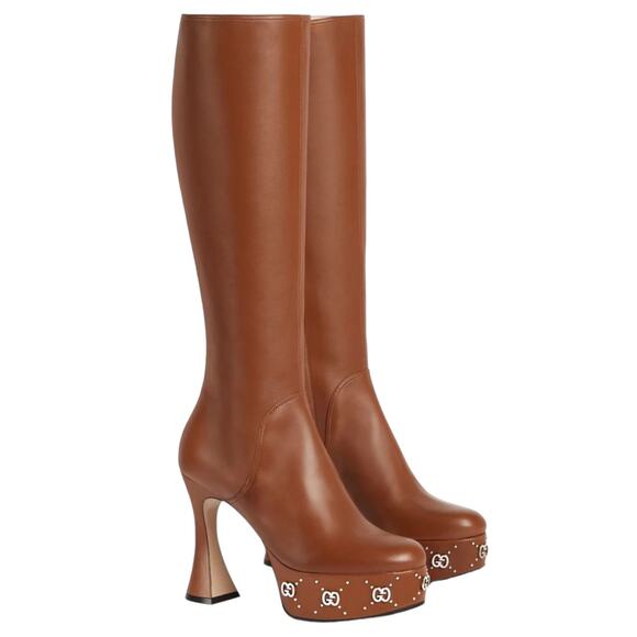 Gucci Nappa Charlotte GG Knee High Platform Boots Cuir Brown Size 38.5 - Picture 1 of 14